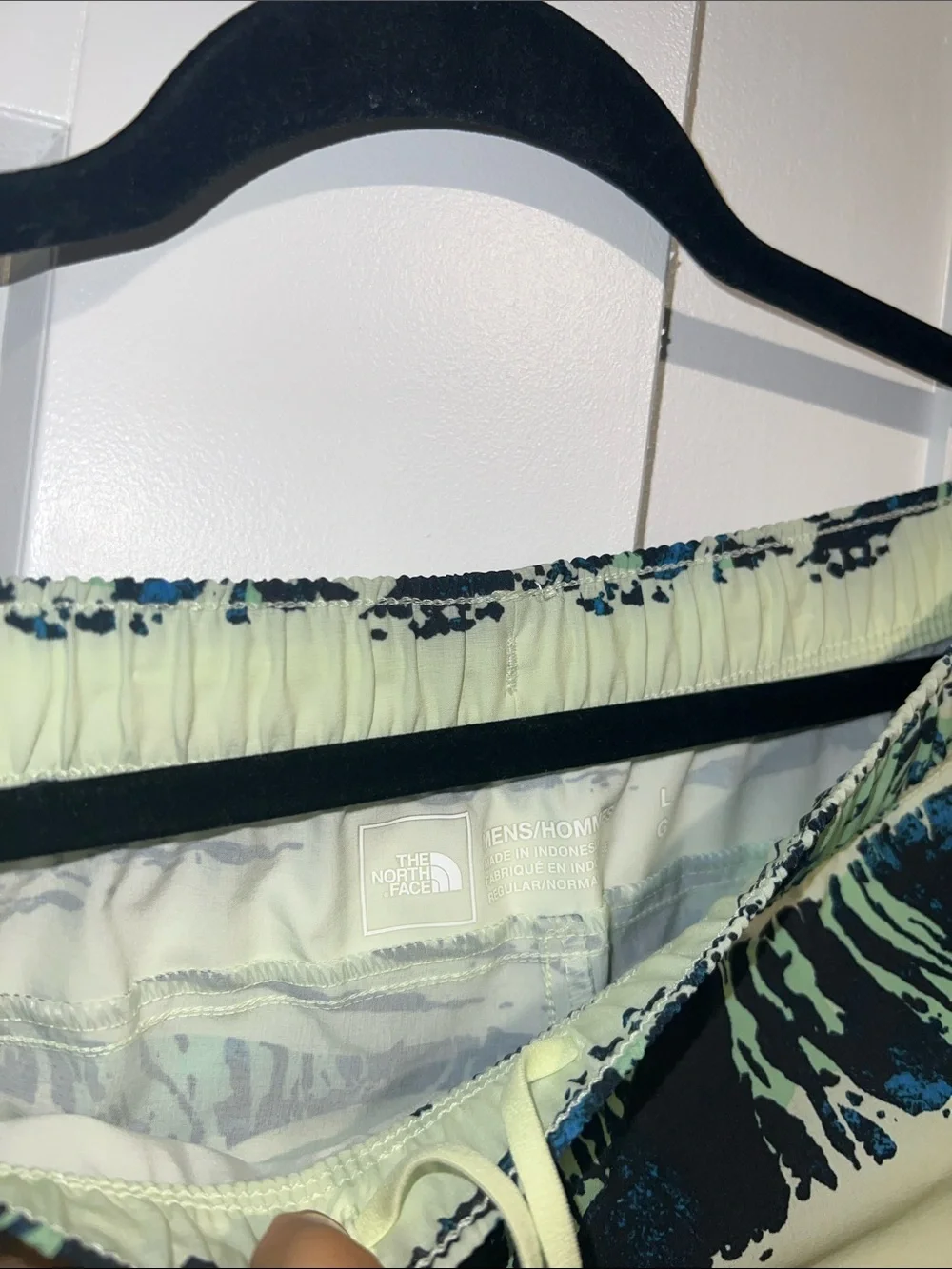 The North Face Pale Yellow Swim Trunks with Black and Teal Brush Print